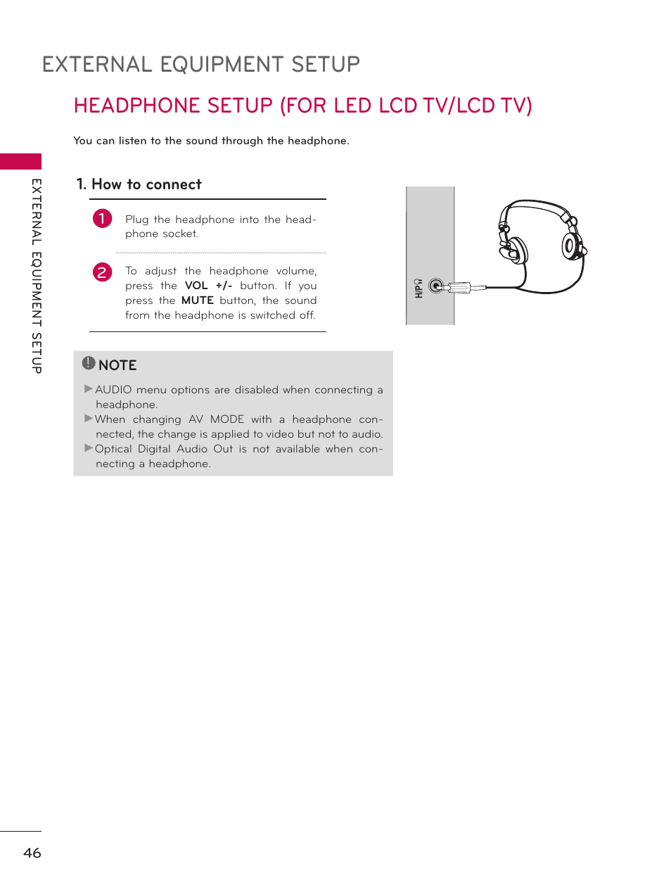 Headphone setup, External equipment setup, Headphone setup (for led lcd tv/lcd tv) | How to connect | LG 50PZ550 User Manual | Page 46 / 206