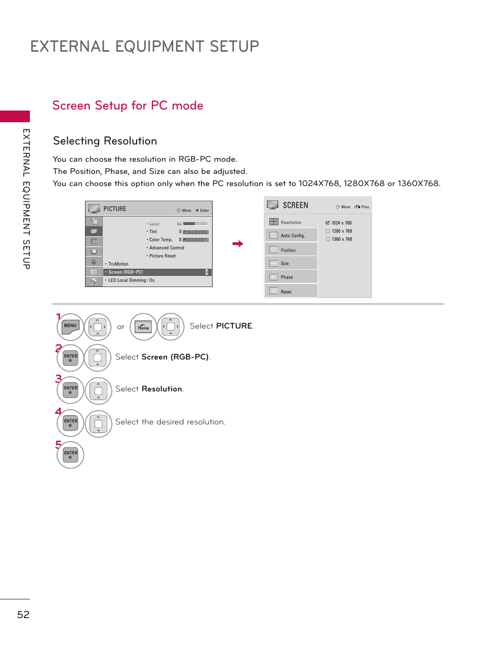 Screen setup for pc mode, External equipment setup, Selecting resolution | LG 50PZ550 User Manual | Page 52 / 206