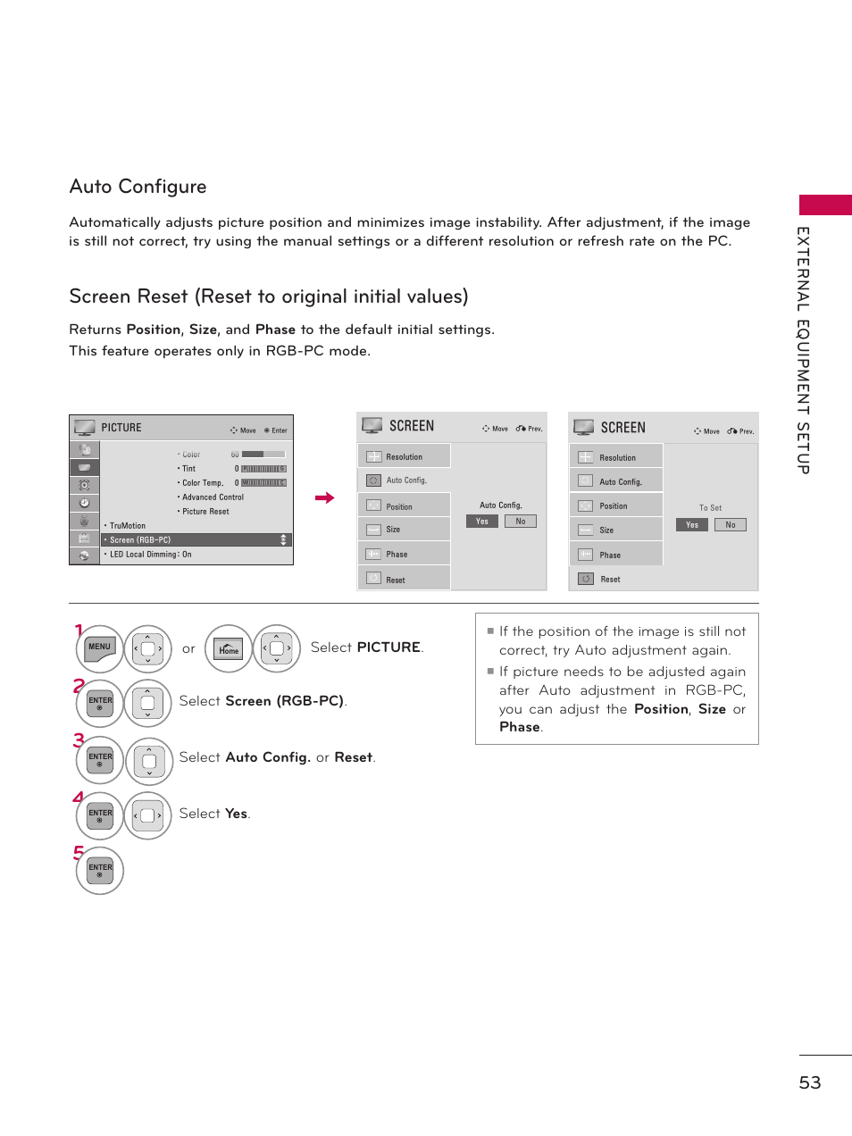 Auto configure, Screen reset (reset to original initial values) | LG 50PZ550 User Manual | Page 53 / 206