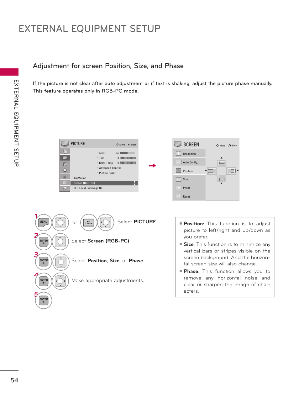 External equipment setup, Adjustment for screen position, size, and phase | LG 50PZ550 User Manual | Page 54 / 206