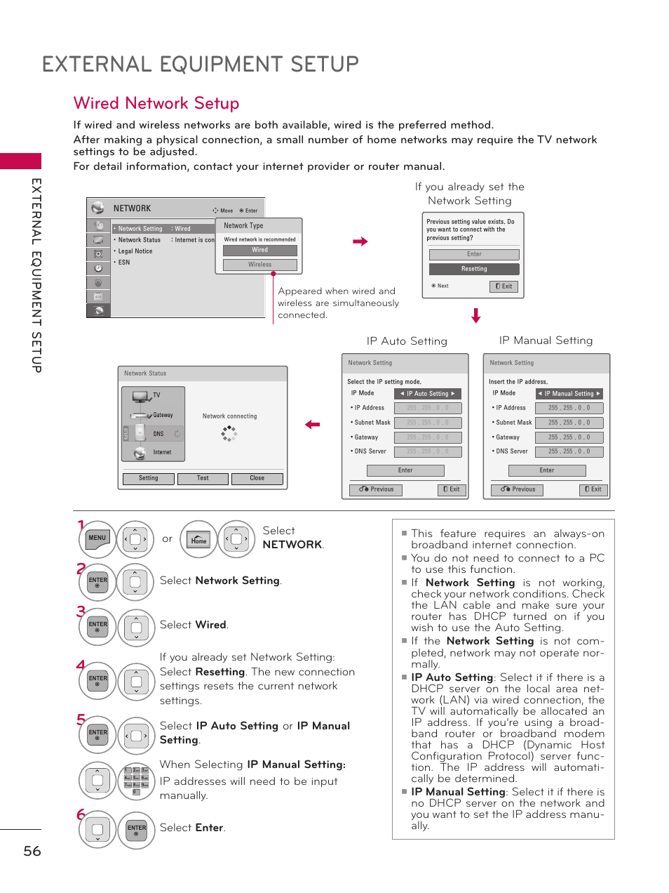Wired network setup, External equipment setup, Or select network | Select network setting, Select wired, Select ip auto setting or ip manual setting | LG 50PZ550 User Manual | Page 56 / 206