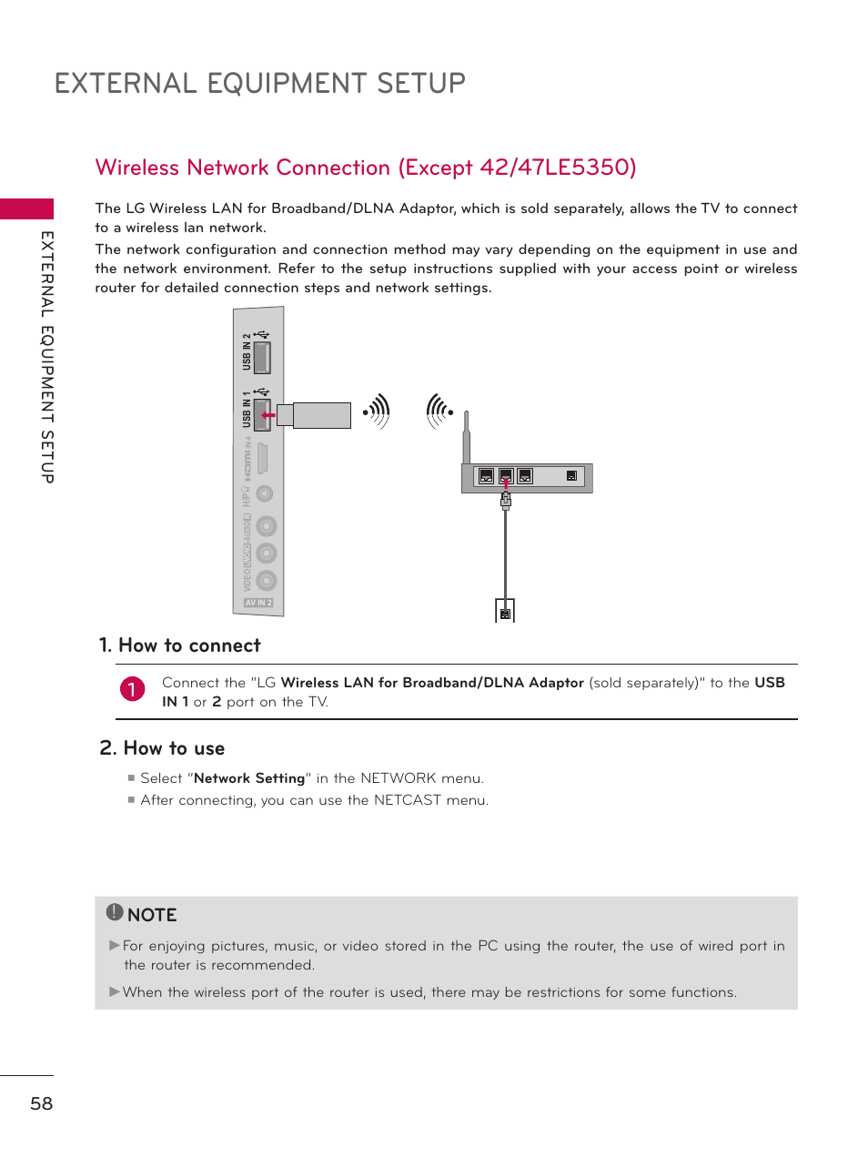 Wireless network connection, External equipment setup, How to connect | How to use | LG 50PZ550 User Manual | Page 58 / 206