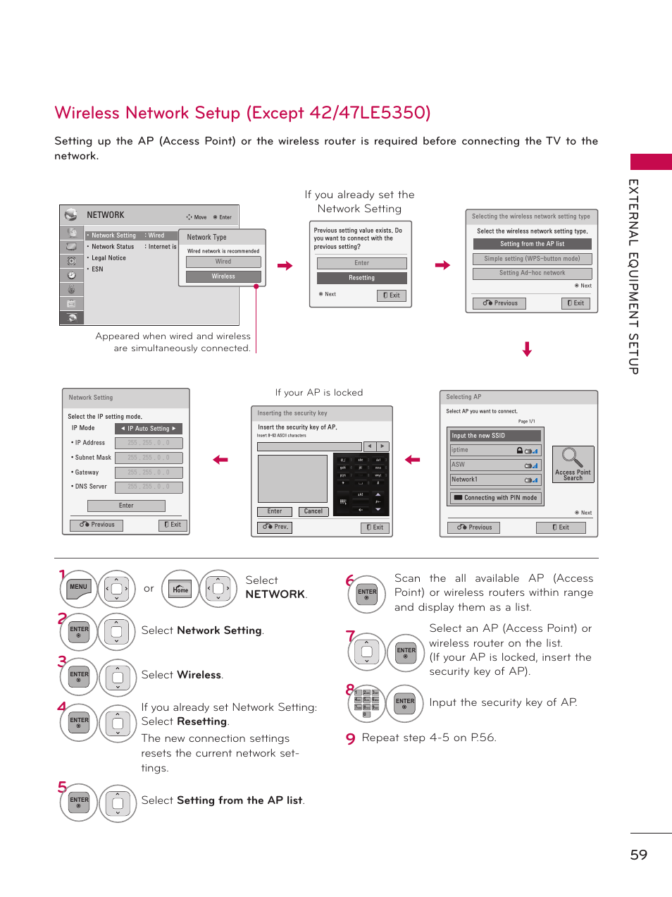 Wireless network setup, Input the security key of ap, Or select network | Select network setting, Select wireless, Select setting from the ap list, Repeat step 4-5 on p.56, If you already set the network setting | LG 50PZ550 User Manual | Page 59 / 206