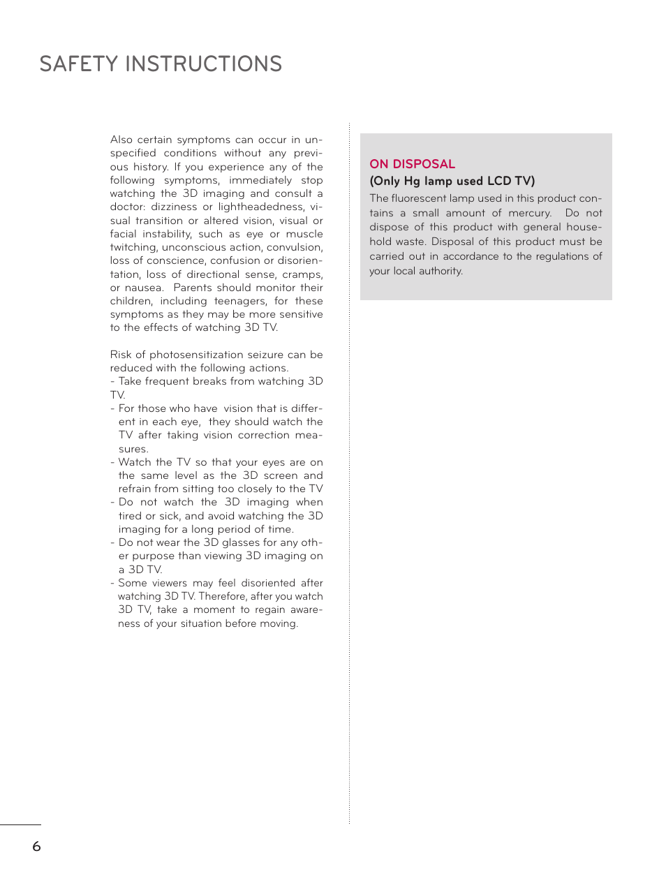 Safety instructions | LG 50PZ550 User Manual | Page 6 / 206