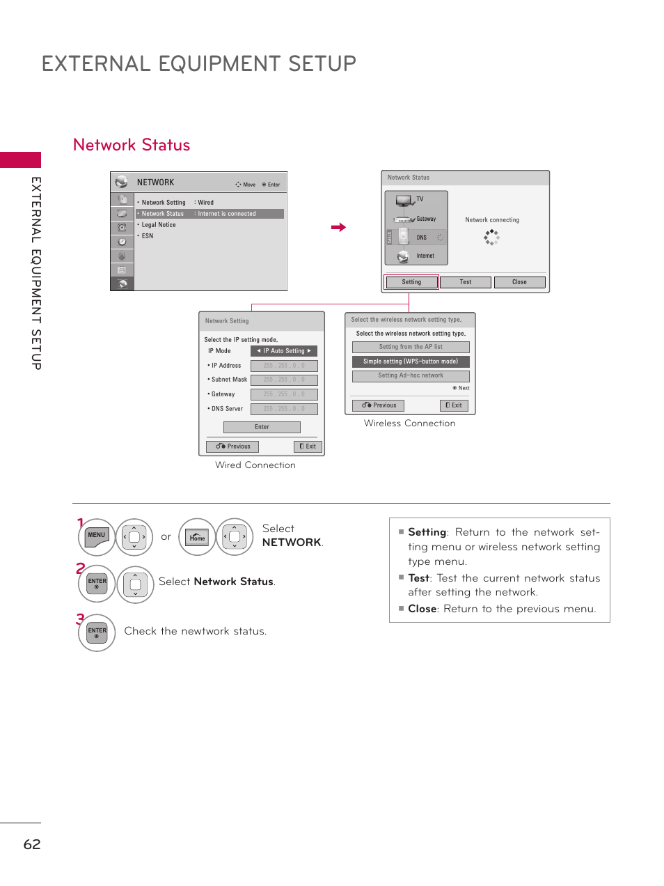 Network status, External equipment setup | LG 50PZ550 User Manual | Page 62 / 206