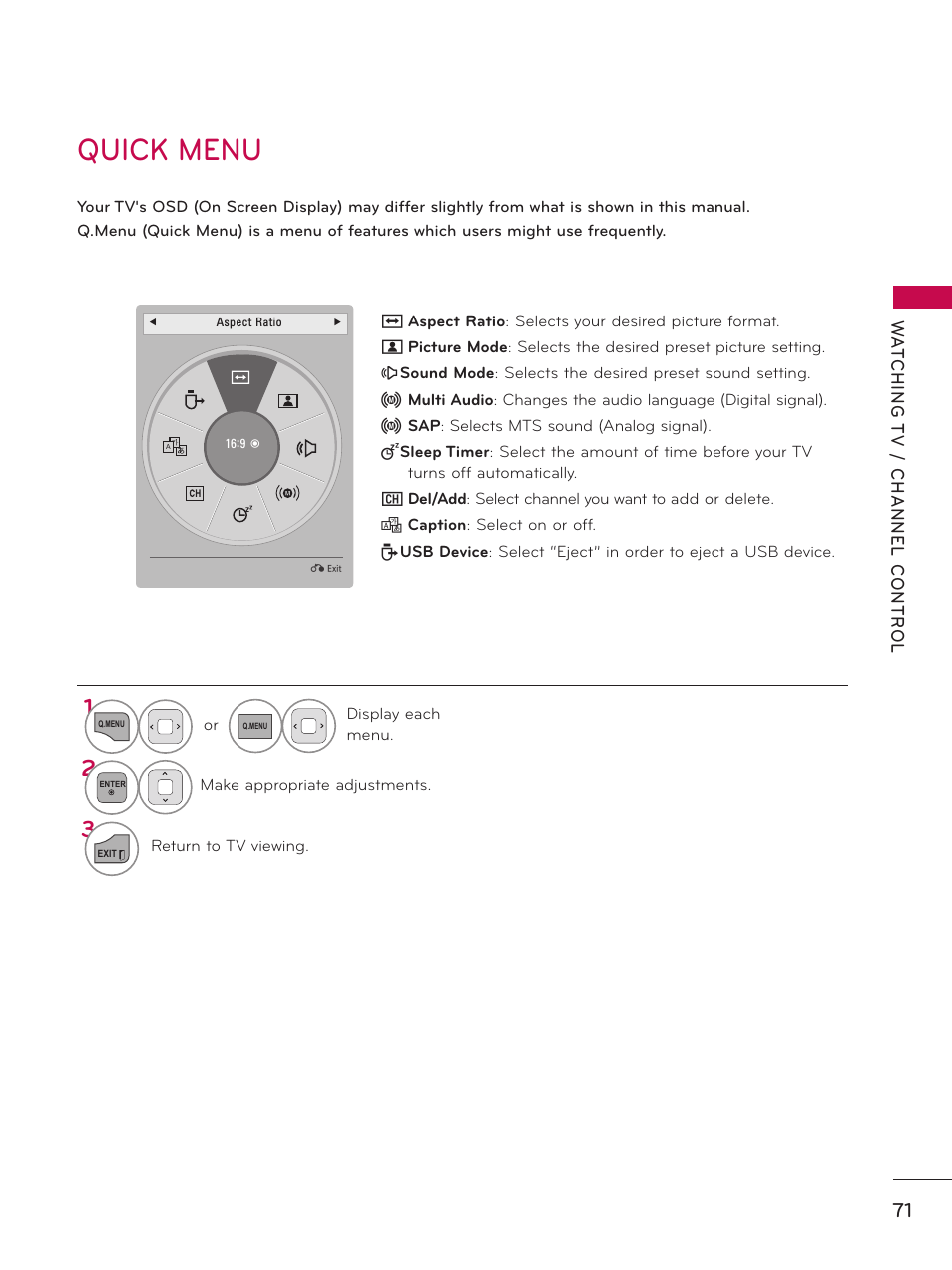 Quick menu | LG 50PZ550 User Manual | Page 71 / 206