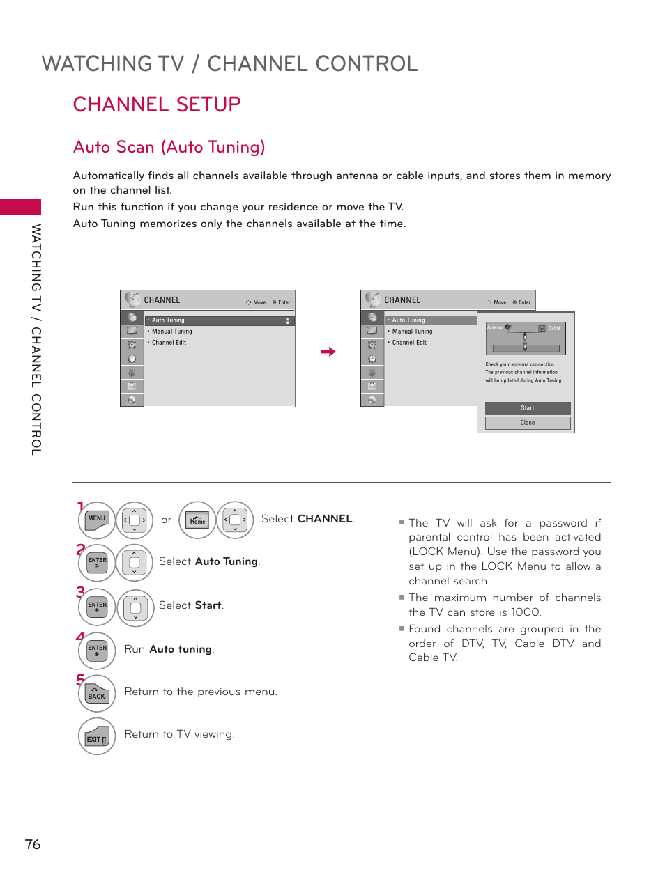Channel setup, Auto scan (auto tuning), Watching tv / channel control | LG 50PZ550 User Manual | Page 76 / 206