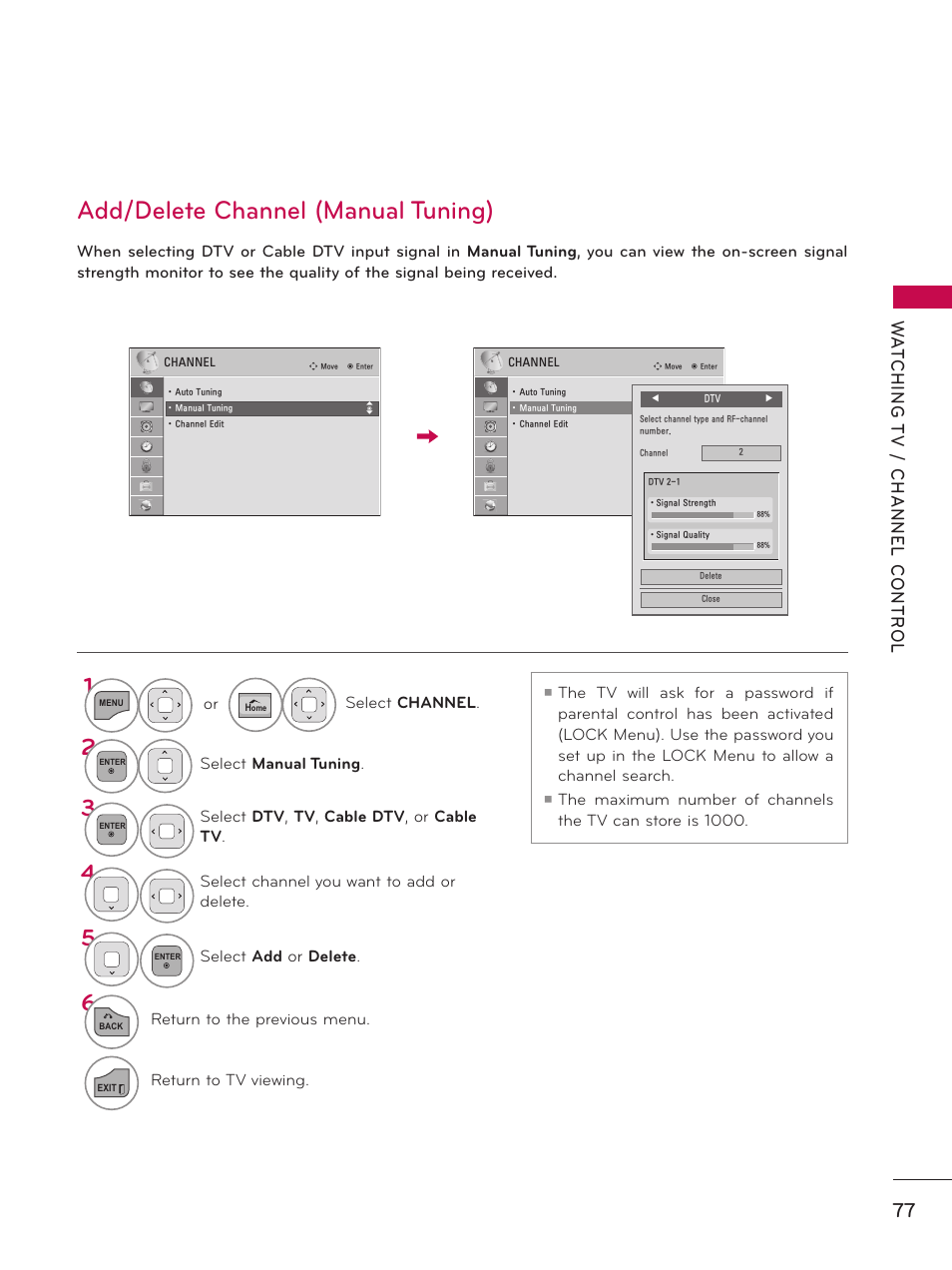 Add/delete channel (manual tuning) | LG 50PZ550 User Manual | Page 77 / 206