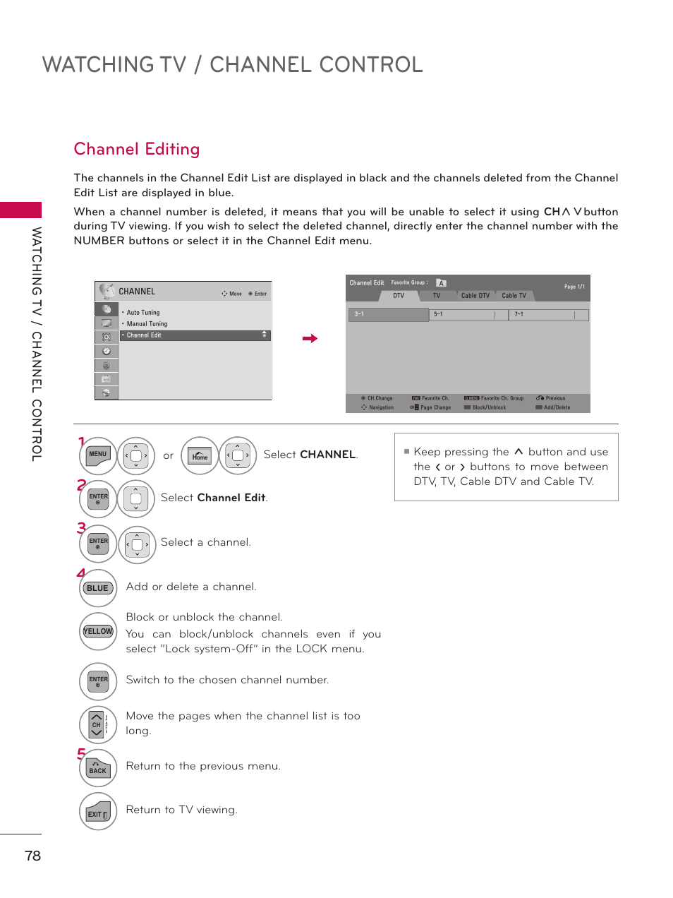 Channel editing, Watching tv / channel control | LG 50PZ550 User Manual | Page 78 / 206