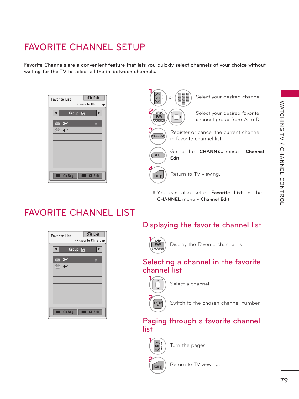 Favorite channel setup, Favorite channel list | LG 50PZ550 User Manual | Page 79 / 206