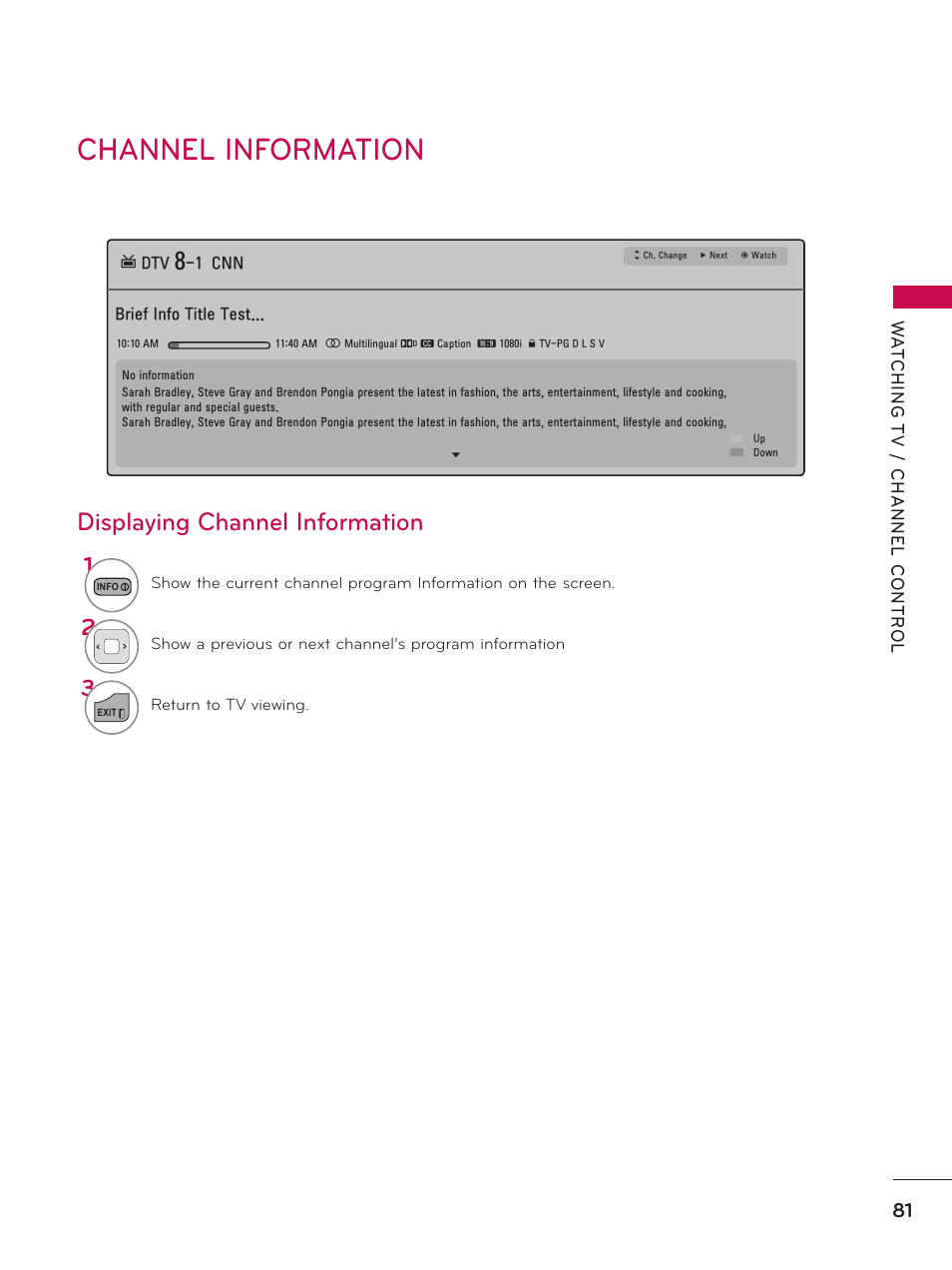 Channel information, Displaying channel information | LG 50PZ550 User Manual | Page 81 / 206