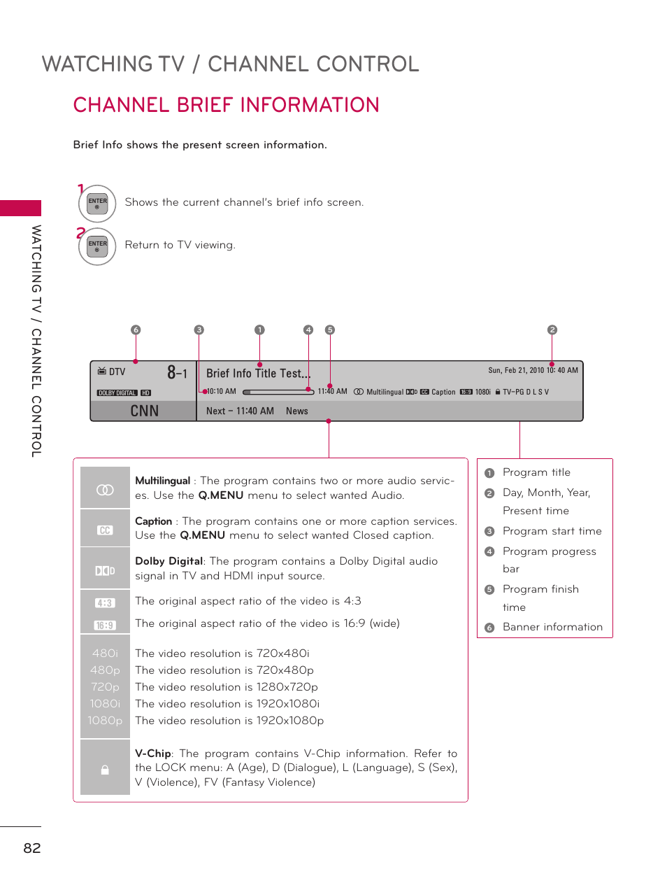 Channel brief information, Watching tv / channel control | LG 50PZ550 User Manual | Page 82 / 206