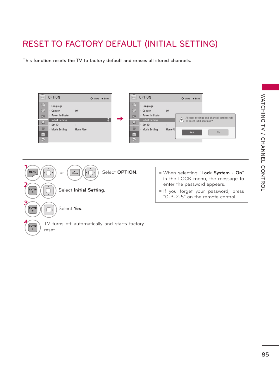 Reset to factory default (initial setting) | LG 50PZ550 User Manual | Page 85 / 206