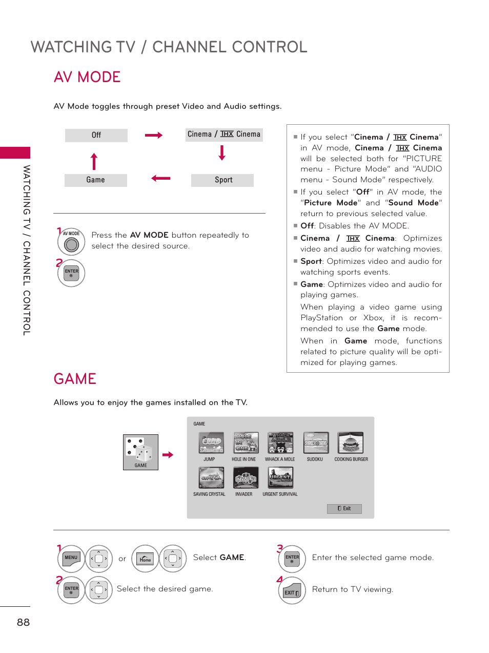 Av mode, Game, Watching tv / channel control | LG 50PZ550 User Manual | Page 88 / 206