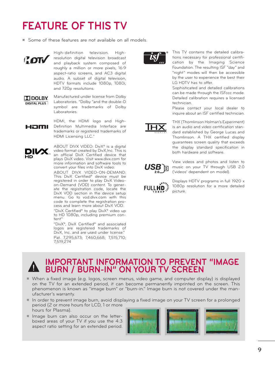 Feature of this tv | LG 50PZ550 User Manual | Page 9 / 206