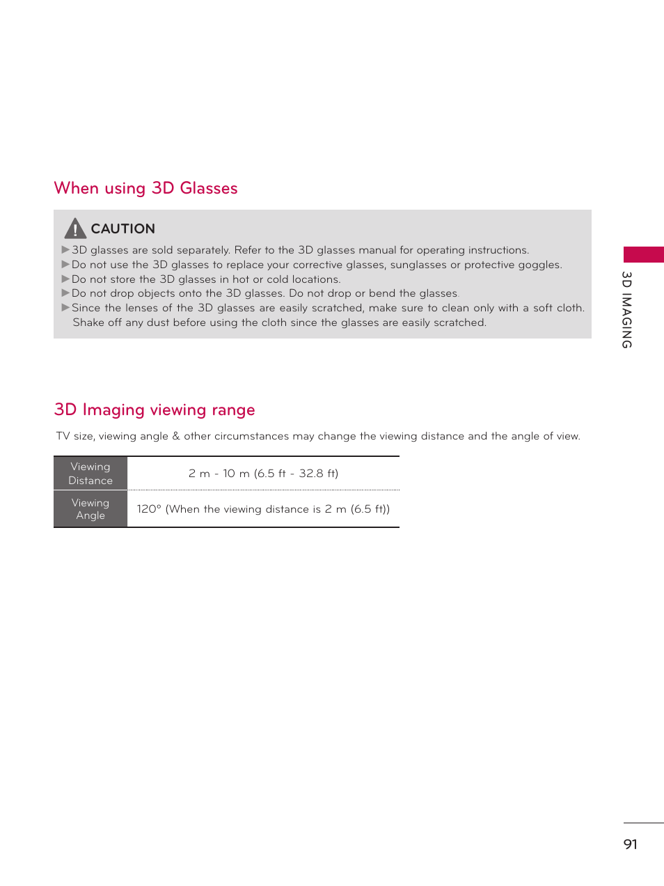 When using 3d glasses, 3d imaging viewing range, 3d imaging viewing range when using 3d glasses | LG 50PZ550 User Manual | Page 91 / 206