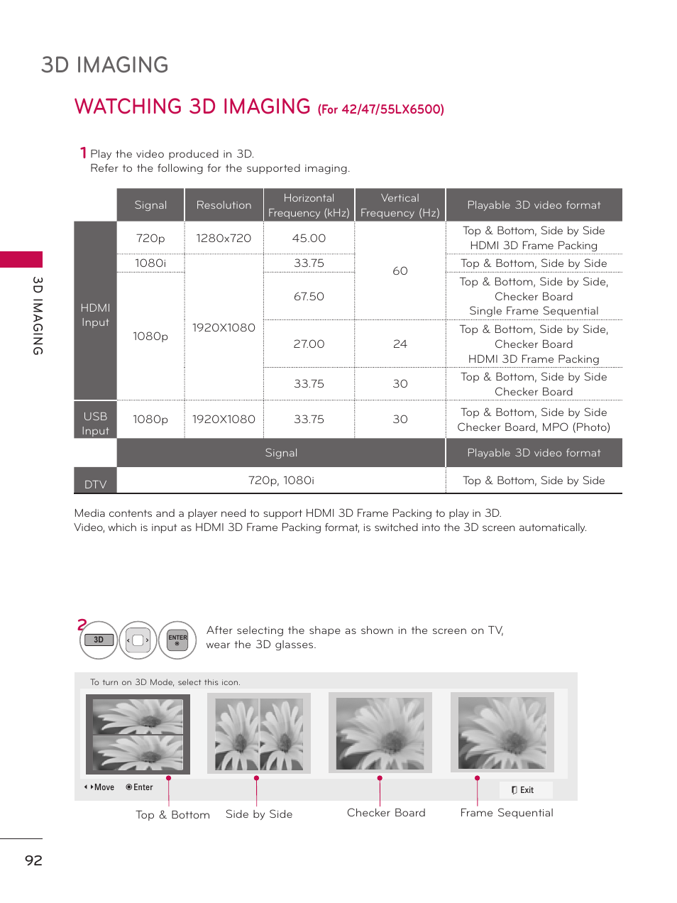 Watching 3d imaging, 3d imaging | LG 50PZ550 User Manual | Page 92 / 206