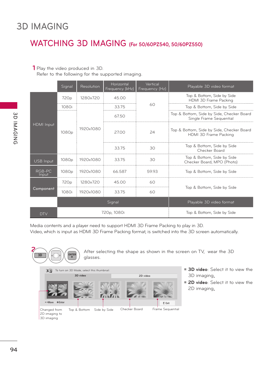 3d imaging, Watching 3d imaging, 3d im a g in g | LG 50PZ550 User Manual | Page 94 / 206