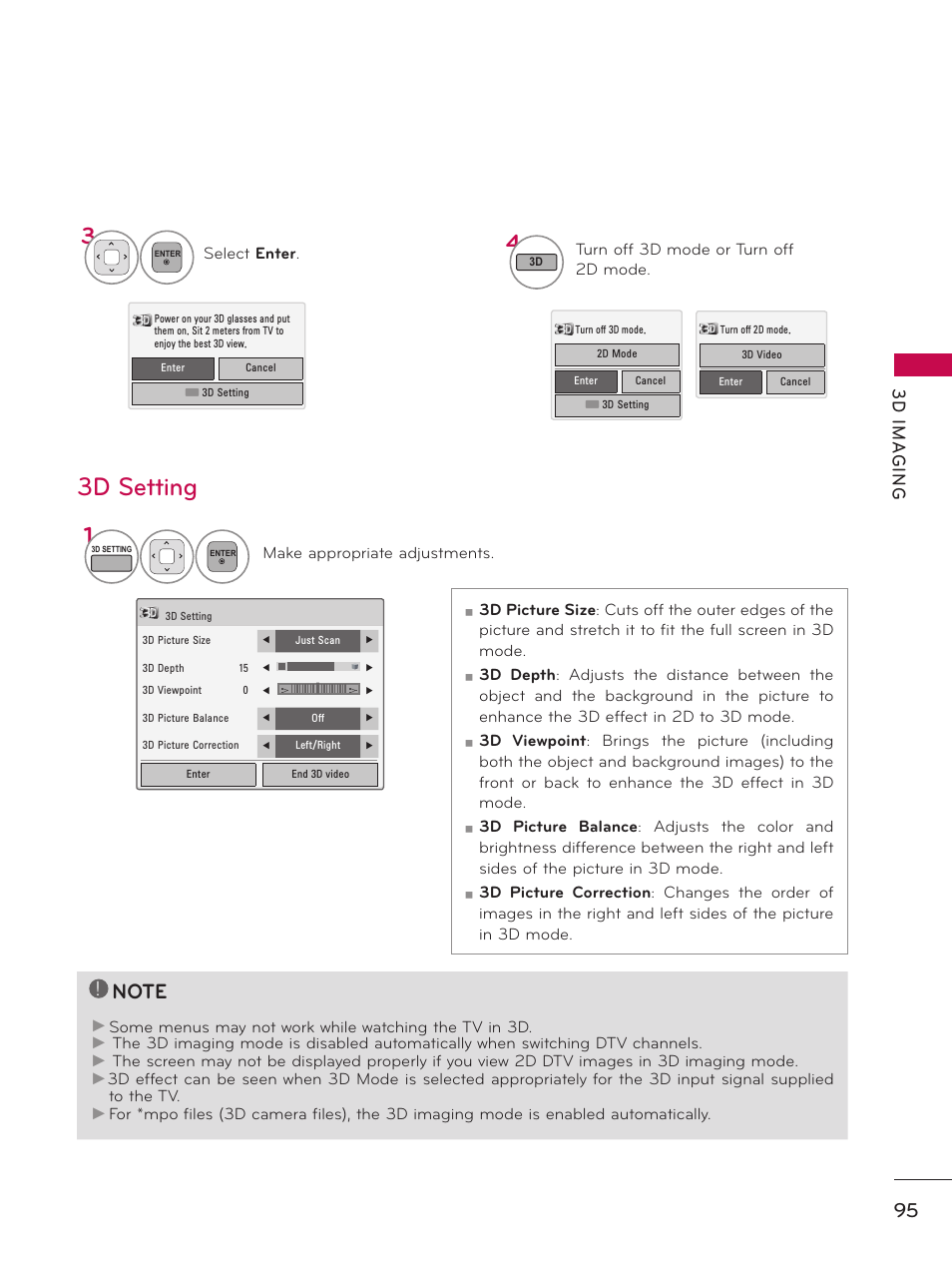 3d setting, 3d im a g in g | LG 50PZ550 User Manual | Page 95 / 206