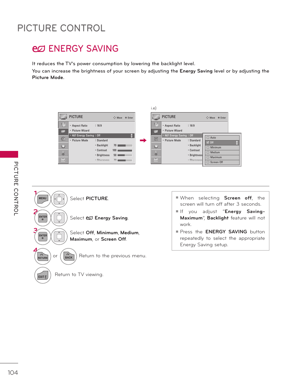 Energy saving, Picture control, ᰚ energy saving | Picture contr ol, Select picture, Select ᰚ energy saving, Or return to the previous menu, Return to tv viewing, I.e) | LG 42LD520 User Manual | Page 104 / 172