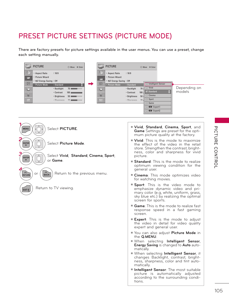 Preset picture settings (picture mode), Picture contr ol, Select picture | Select picture mode, Select vivid , standard , cinema , sport , or game, You can also adjust picture mode in the q.menu, Depending on models, Or return to the previous menu, Return to tv viewing | LG 42LD520 User Manual | Page 105 / 172