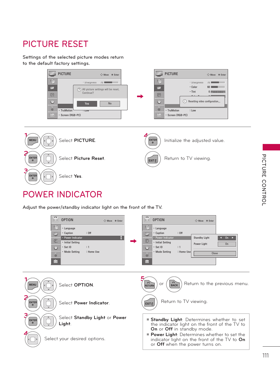 Picture reset, Power indicator, Picture contr ol | Select picture, Select picture reset, Select yes, Initialize the adjusted value, Return to tv viewing, Select option, Select power indicator | LG 42LD520 User Manual | Page 111 / 172