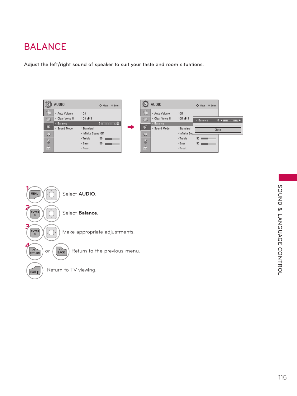 Balance, Sound & langu a ge contr ol, Select audio | Select balance, Make appropriate adjustments, Or return to the previous menu, Return to tv viewing | LG 42LD520 User Manual | Page 115 / 172