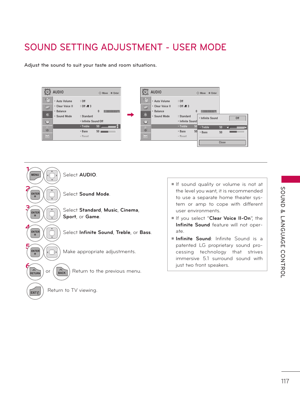 Sound setting adjustment - user mode, Sound & langu a ge contr ol, Select audio | Select sound mode, Select standard , music , cinema , sport , or game, Select infinite sound , treble , or bass, Make appropriate adjustments, Or return to the previous menu, Return to tv viewing | LG 42LD520 User Manual | Page 117 / 172
