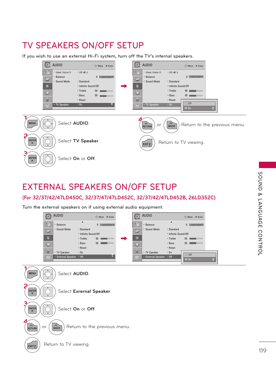 Tv speakers on/off setup, External speakers on/off setup, Sound & langu a ge contr ol | Select audio, Select tv speaker, Select on or off, Select exrernal speaker, Or return to the previous menu, Return to tv viewing | LG 42LD520 User Manual | Page 119 / 172