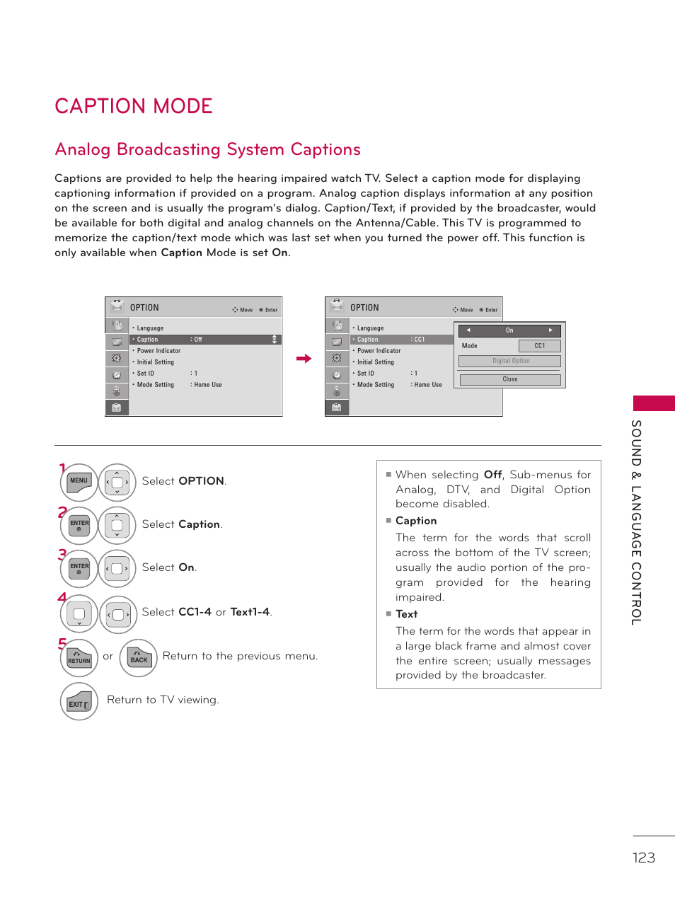 Caption mode, Analog broadcasting system captions, Sound & langu a ge contr ol | LG 42LD520 User Manual | Page 123 / 172
