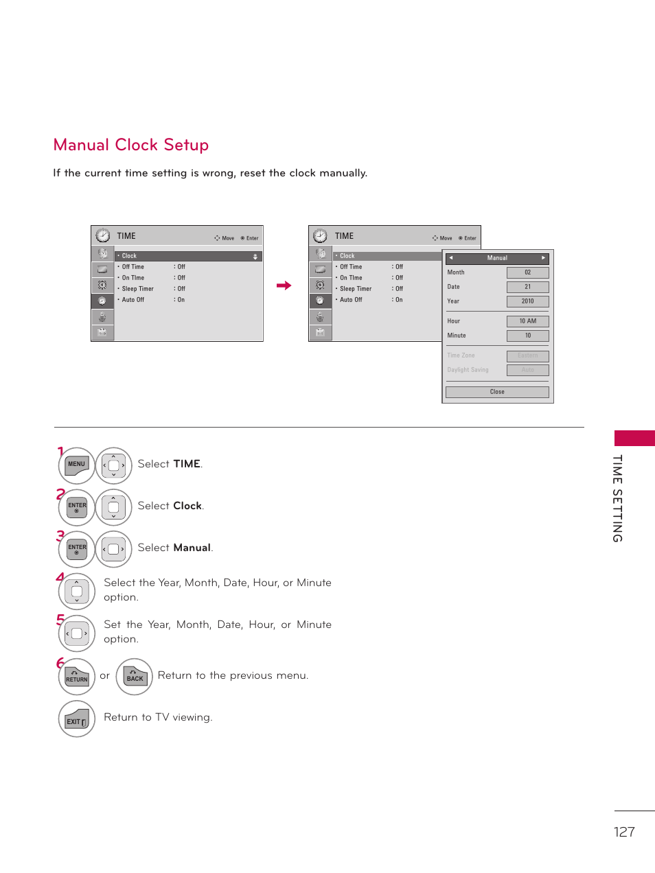Manual clock setup, Time setting | LG 42LD520 User Manual | Page 127 / 172