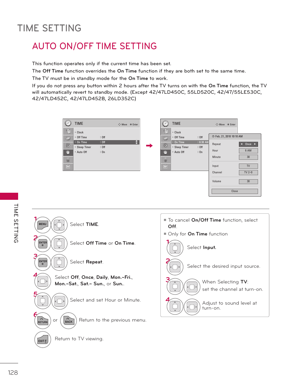 Auto on/off time setting, Time setting | LG 42LD520 User Manual | Page 128 / 172
