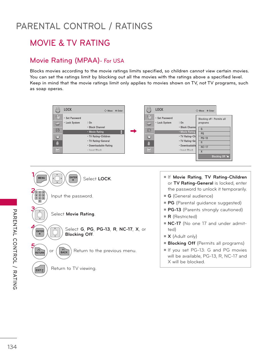 Movie & tv rating, Parental control / ratings, Movie rating (mpaa) | For usa, Parent al contr ol / ra ting, Movie rating, Tv rating-children, Tv rating-general, G (general audience), Pg (parental guidance suggested) | LG 42LD520 User Manual | Page 134 / 172