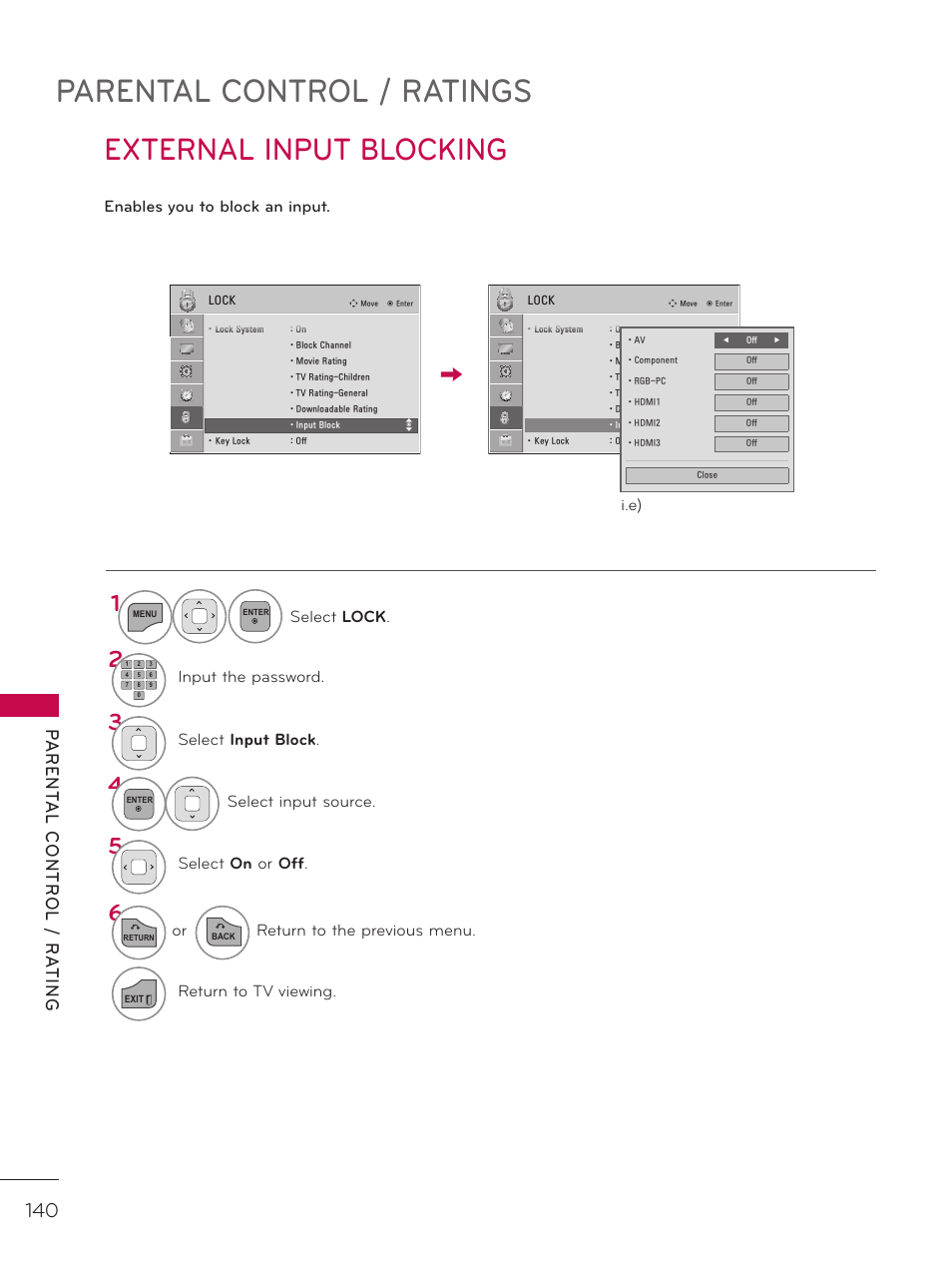 External input blocking, Parental control / ratings, Parent al contr ol / ra ting | Enables you to block an input, Select lock, Input the password, Select input block, Select input source, Select on or off, I.e) | LG 42LD520 User Manual | Page 140 / 172