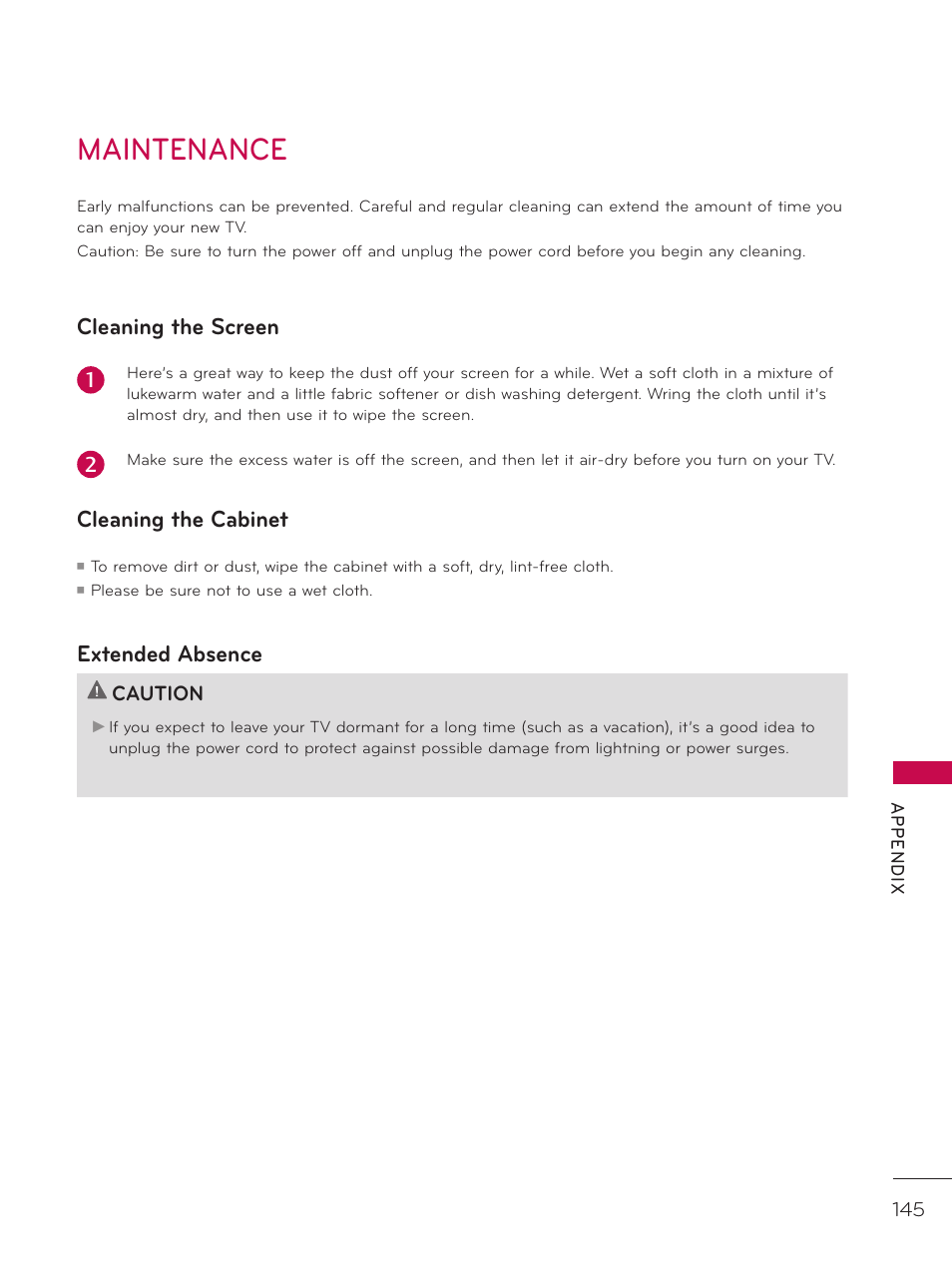 Maintenance, Cleaning the screen, Cleaning the cabinet | Extended absence | LG 42LD520 User Manual | Page 145 / 172