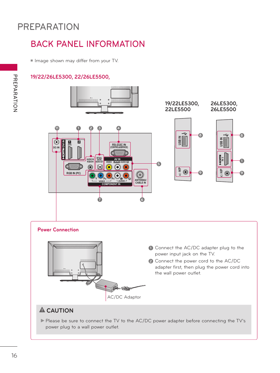 Back panel information, Preparation, Caution | Prep ara tion, Power connection, Image shown may differ from your tv, Ac/dc adaptor | LG 42LD520 User Manual | Page 16 / 172