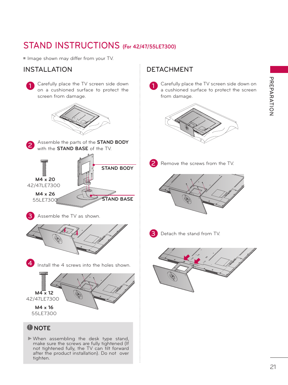 Stand instructions, Installation detachment | LG 42LD520 User Manual | Page 21 / 172