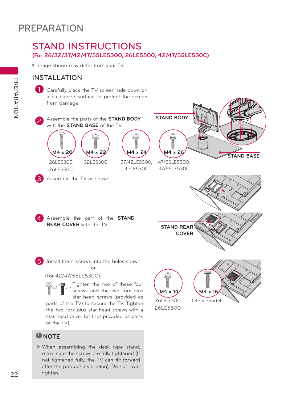 Preparation, Stand instructions, Installation | LG 42LD520 User Manual | Page 22 / 172