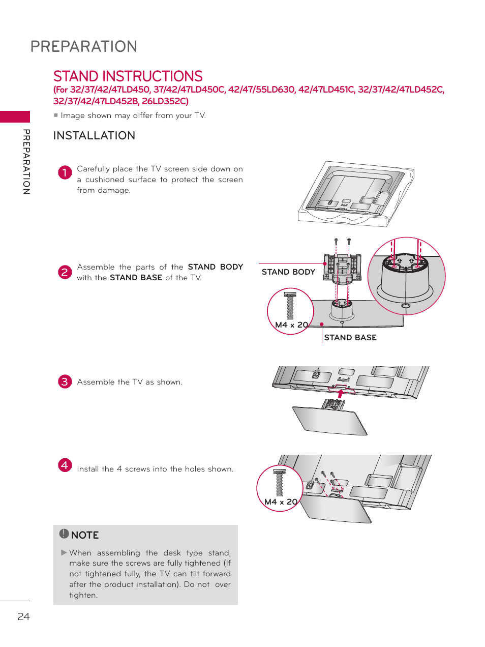 Preparation, Stand instructions, Installation | LG 42LD520 User Manual | Page 24 / 172