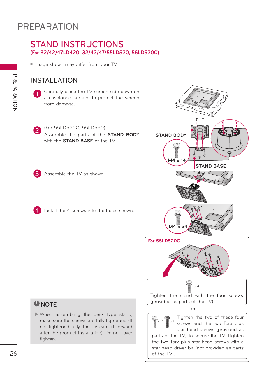 Preparation, Stand instructions, Installation | LG 42LD520 User Manual | Page 26 / 172