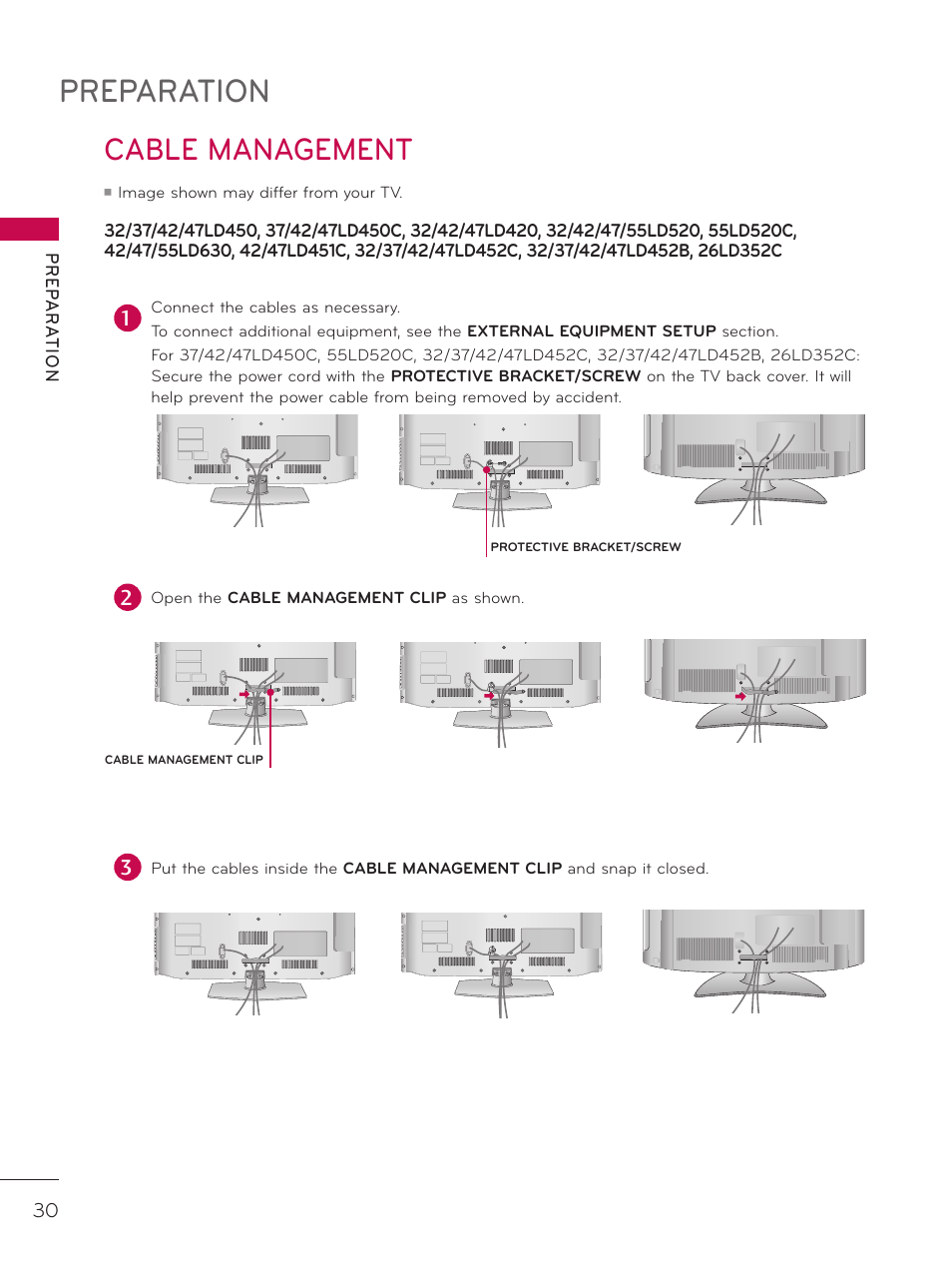 Cable management, Preparation | LG 42LD520 User Manual | Page 30 / 172