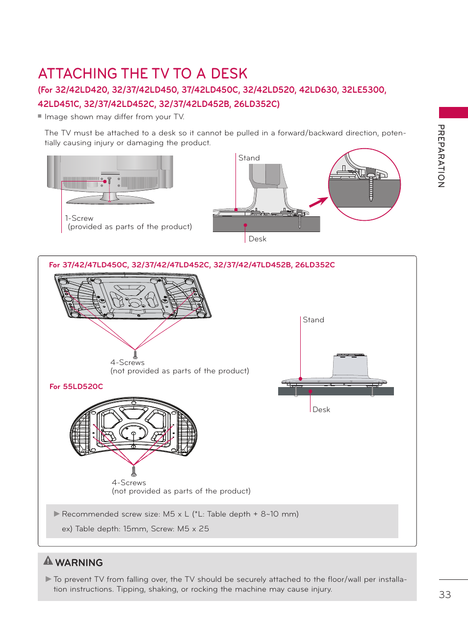 Attaching the tv to a desk, Warning | LG 42LD520 User Manual | Page 33 / 172