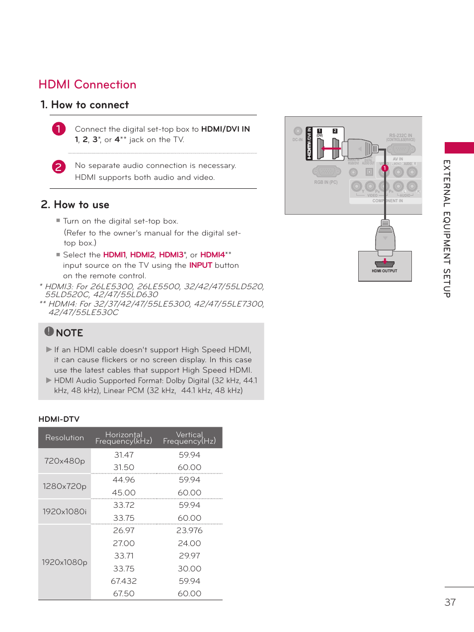 Hdmi connection, How to connect, How to use | External e quipment setup | LG 42LD520 User Manual | Page 37 / 172