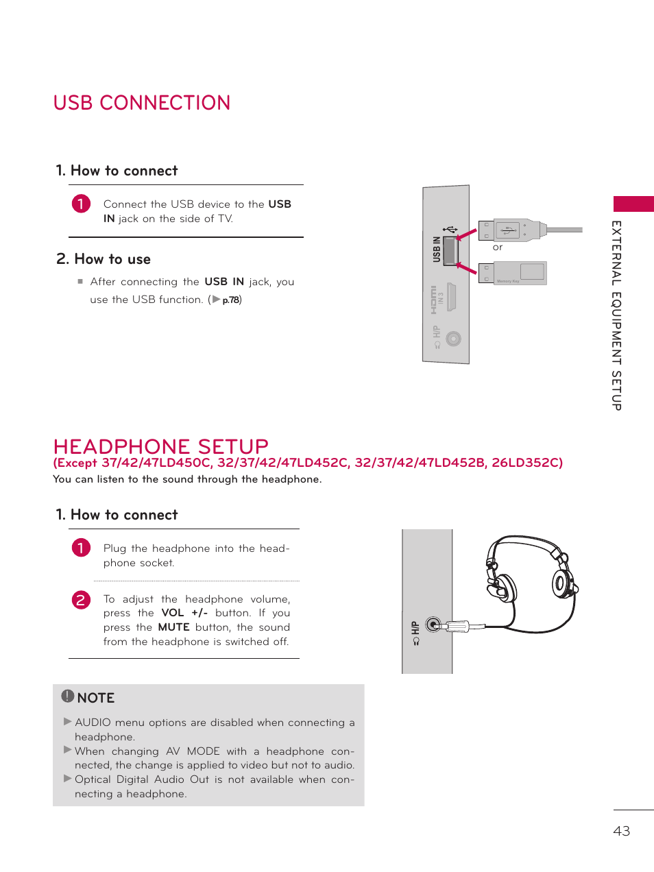 Usb connection, Headphone setup, How to connect | How to use | LG 42LD520 User Manual | Page 43 / 172