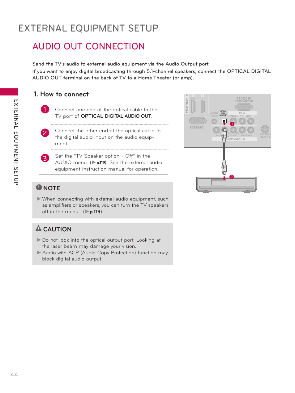 Audio out connection, External equipment setup, How to connect | Caution, External e quipment setup | LG 42LD520 User Manual | Page 44 / 172