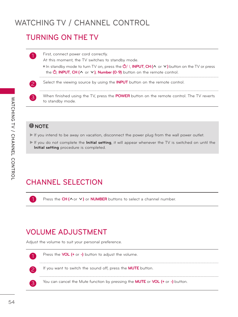 Turning on the tv, Channel selection, Volume adjustment | Watching tv / channel control | LG 42LD520 User Manual | Page 54 / 172