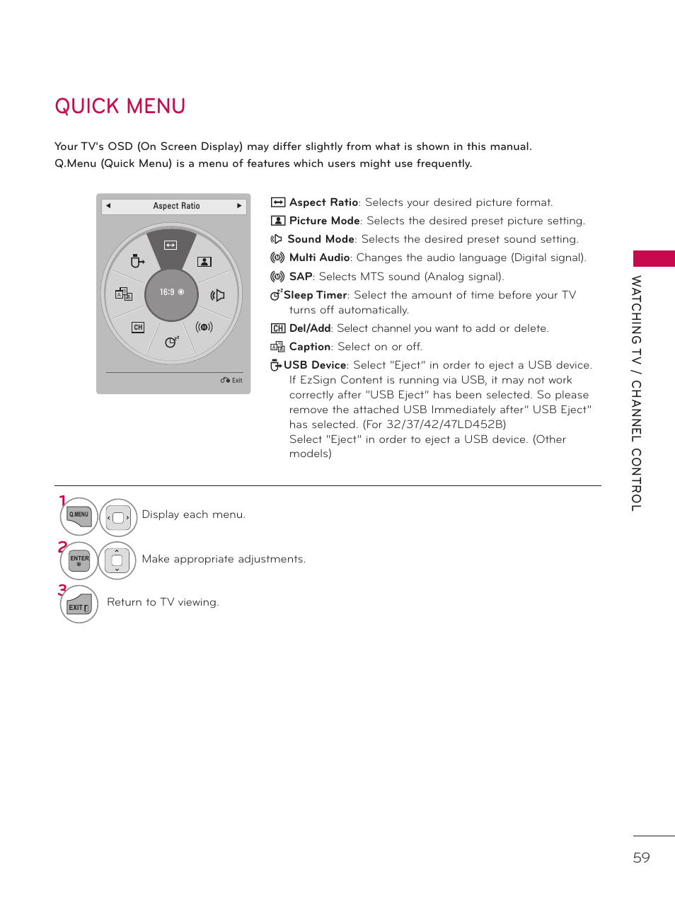 Quick menu | LG 42LD520 User Manual | Page 59 / 172