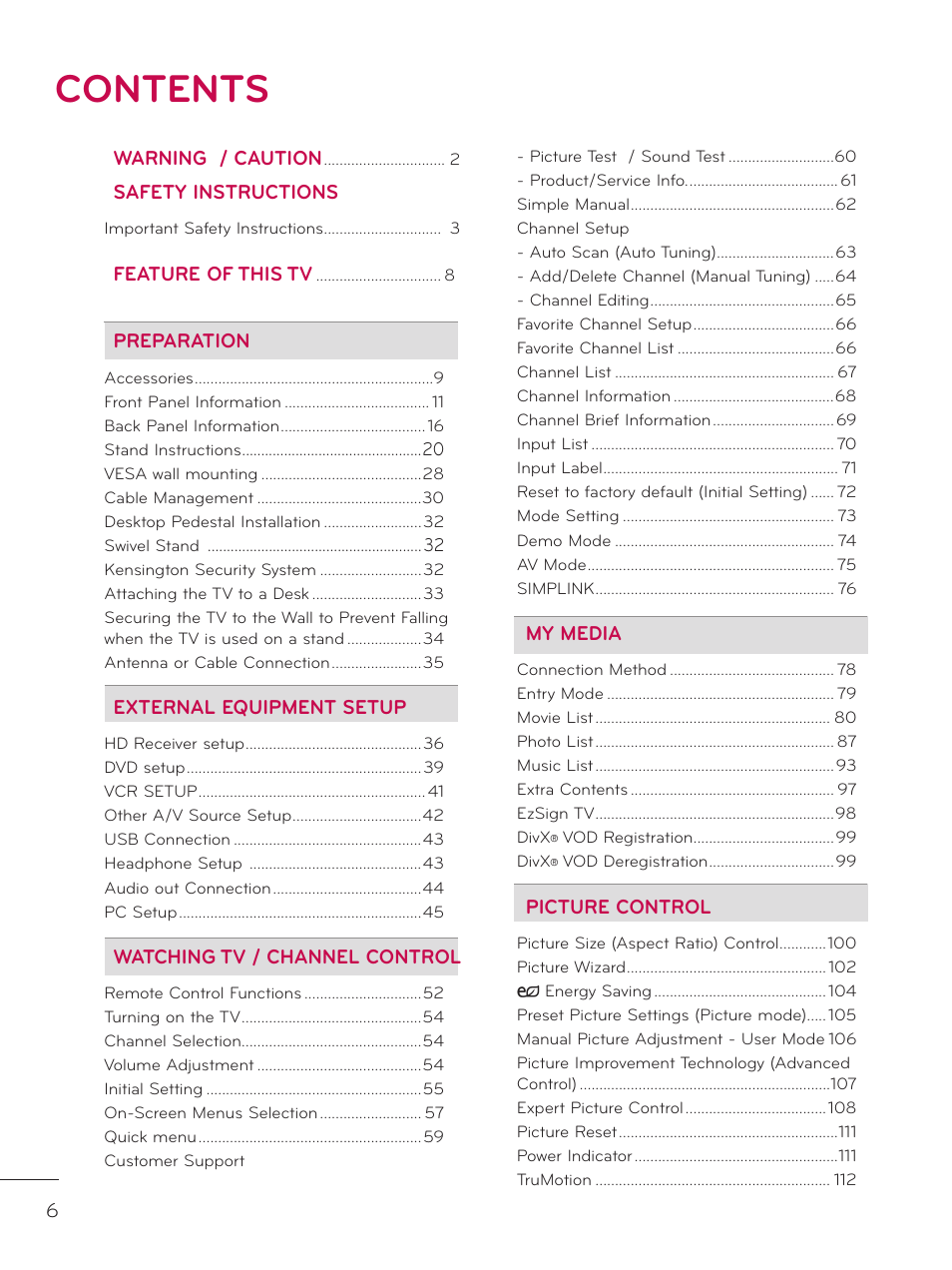 LG 42LD520 User Manual | Page 6 / 172