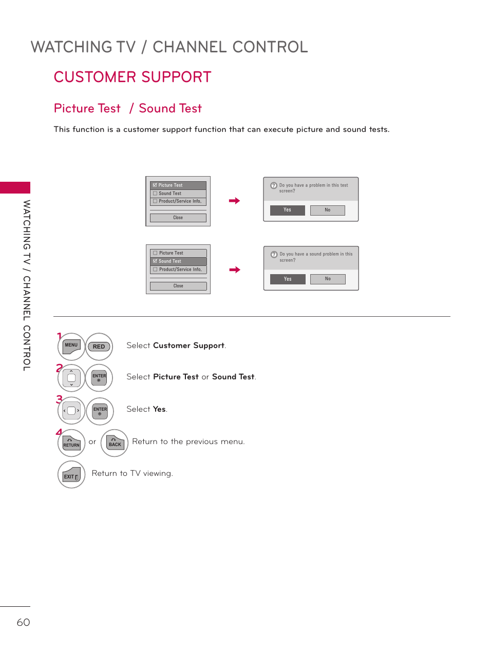 Customer support, Watching tv / channel control, Picture test / sound test | Wa t ching t v / channel contr ol | LG 42LD520 User Manual | Page 60 / 172