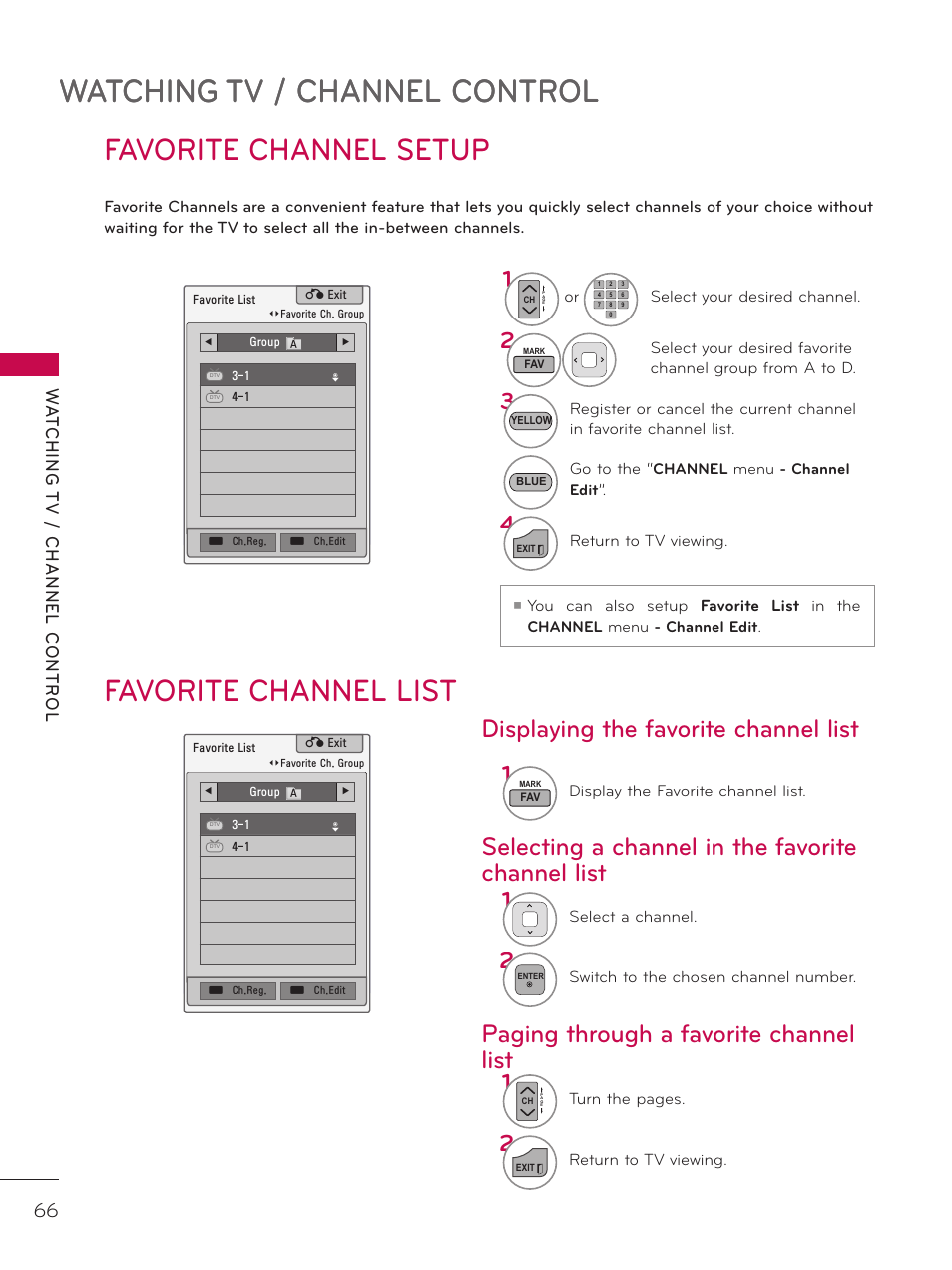 Favorite channel setup, Favorite channel list, Watching tv / channel control | Wa t ching t v / channel contr ol | LG 42LD520 User Manual | Page 66 / 172